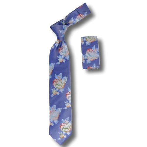 Steven Land "Big Knot" BW617 Blue / White / Red / Orange Iridescent Flower Design 100% Woven Silk Necktie / Hanky Set